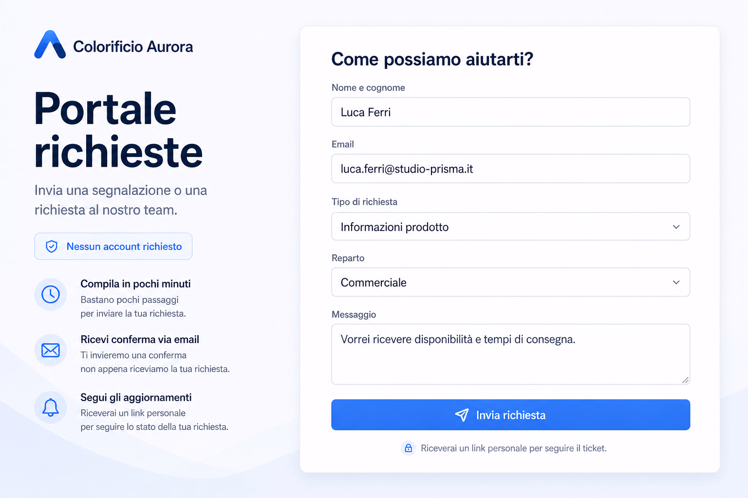 Portale pubblico TicketPro per inviare richieste senza account