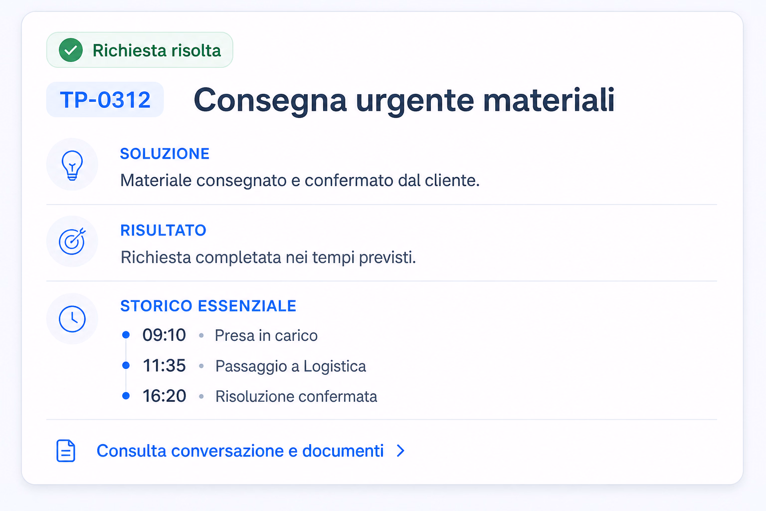 Risoluzione del ticket con risultato e storico essenziale